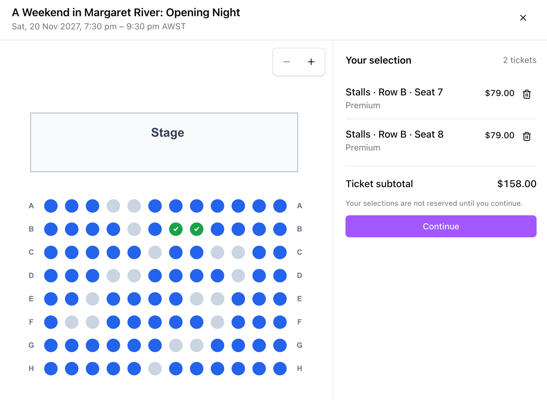 Example buyer seat picker showing two Premium seats selected in the Stalls and a $158 ticket subtotal